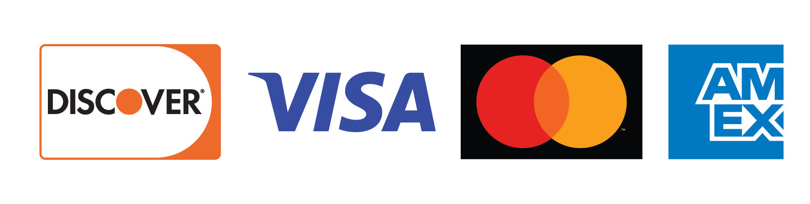Accepted credit cards: Discover, Visa, Mastercard, American Express